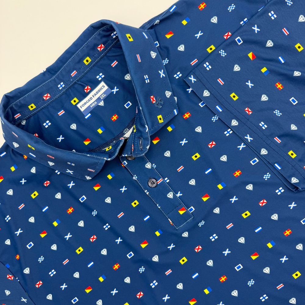 Forged Fabrics Mens 2XL Nautical Signal Flag Diamond Print Golf Polo Shirt Navy